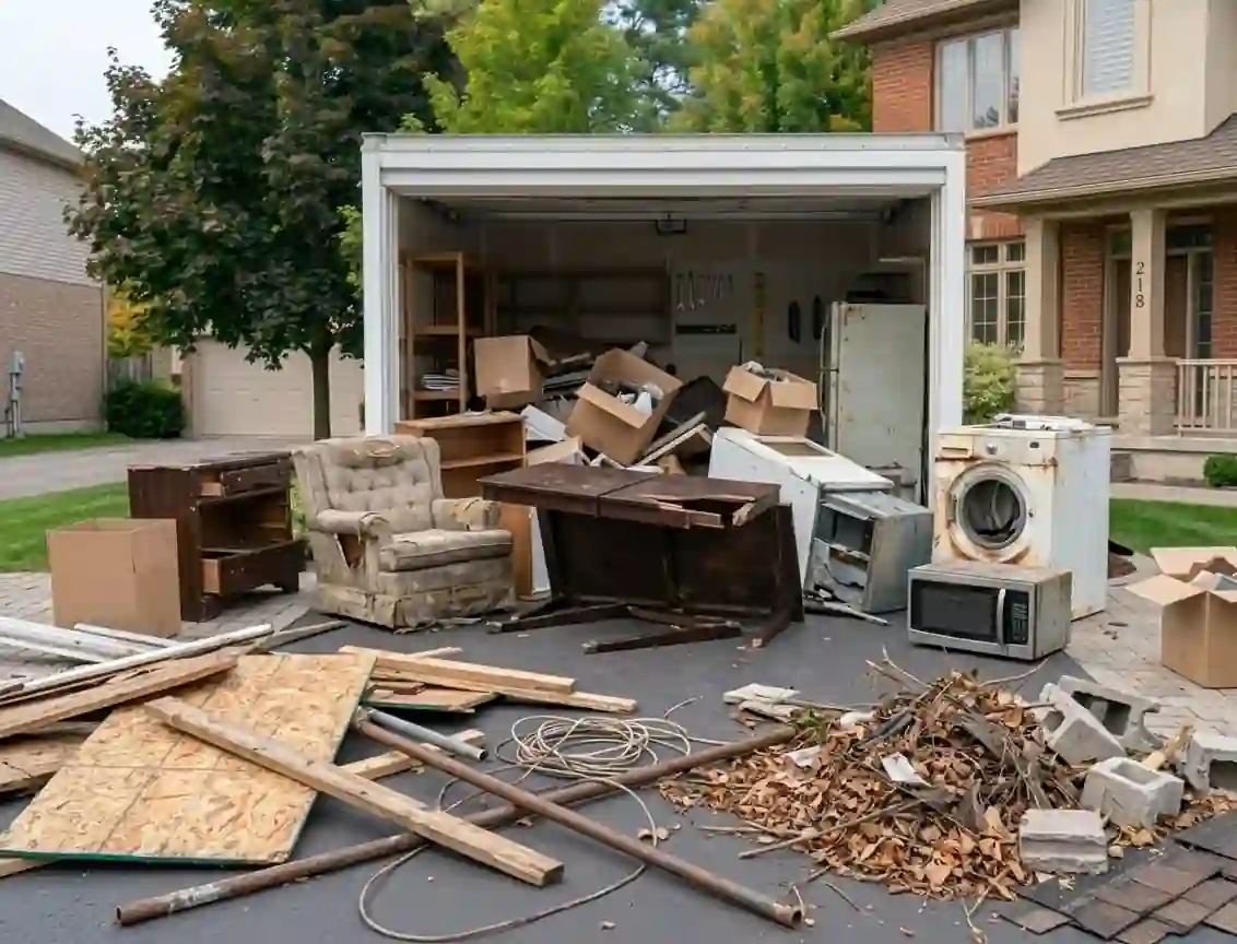 Before Junk Removal – Cluttered Garage and Driveway Messy residential garage and driveway in Sarnia, Ontario filled with furniture, appliances, and renovation debris before professional junk removal service